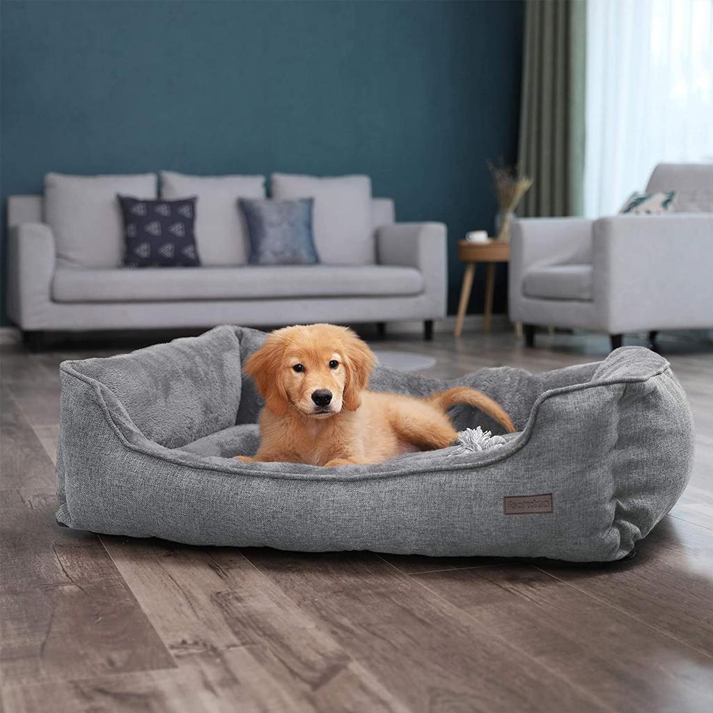 FEANDREA Dog Bed, Linen-Look Pet Bed, Dog Sofa Bed with Raised Edges, Non-Slip Bottom, Removable Washable Cover, XL, for Large Dogs, 110 x 75 x 27 cm