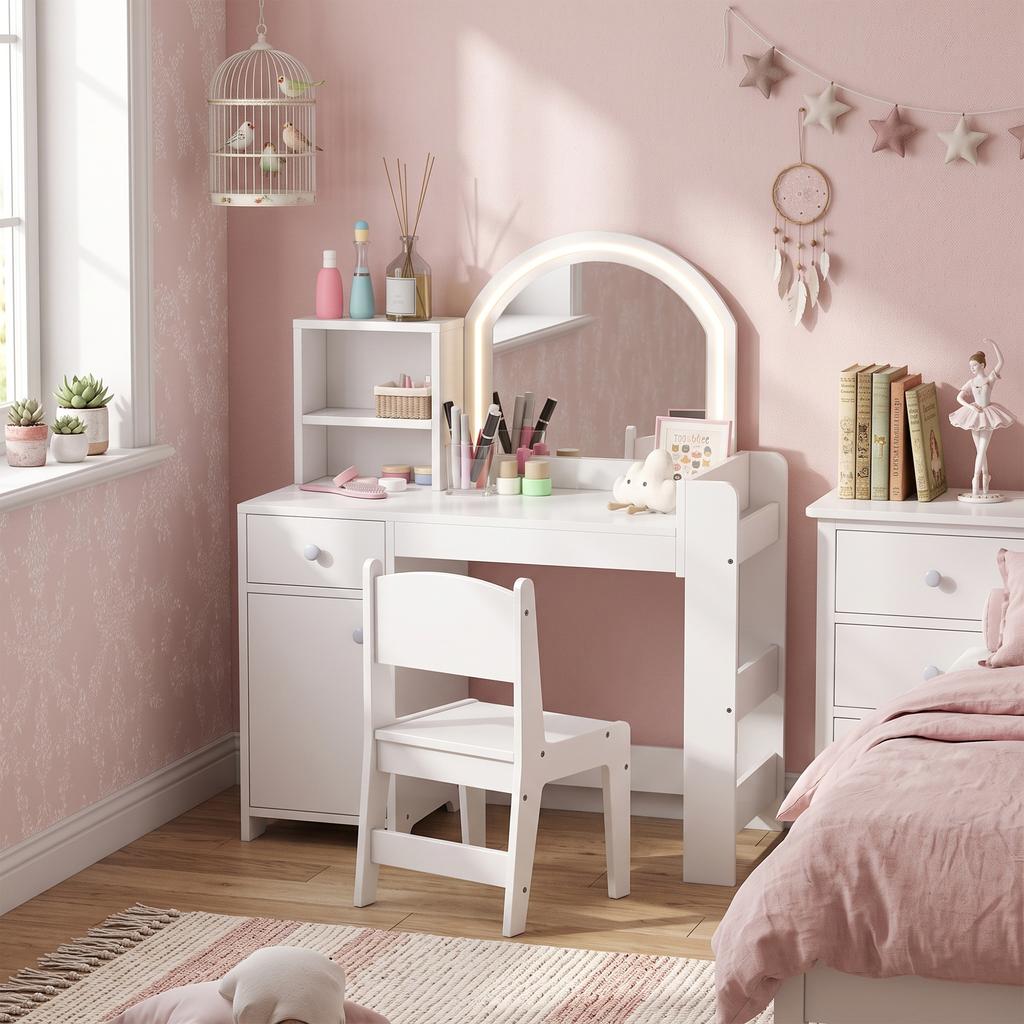 Children's Dressing Table with Stool and LED Mirror, for Ages 3-8, 88.6 x 38.8 x 96.9 cm, White