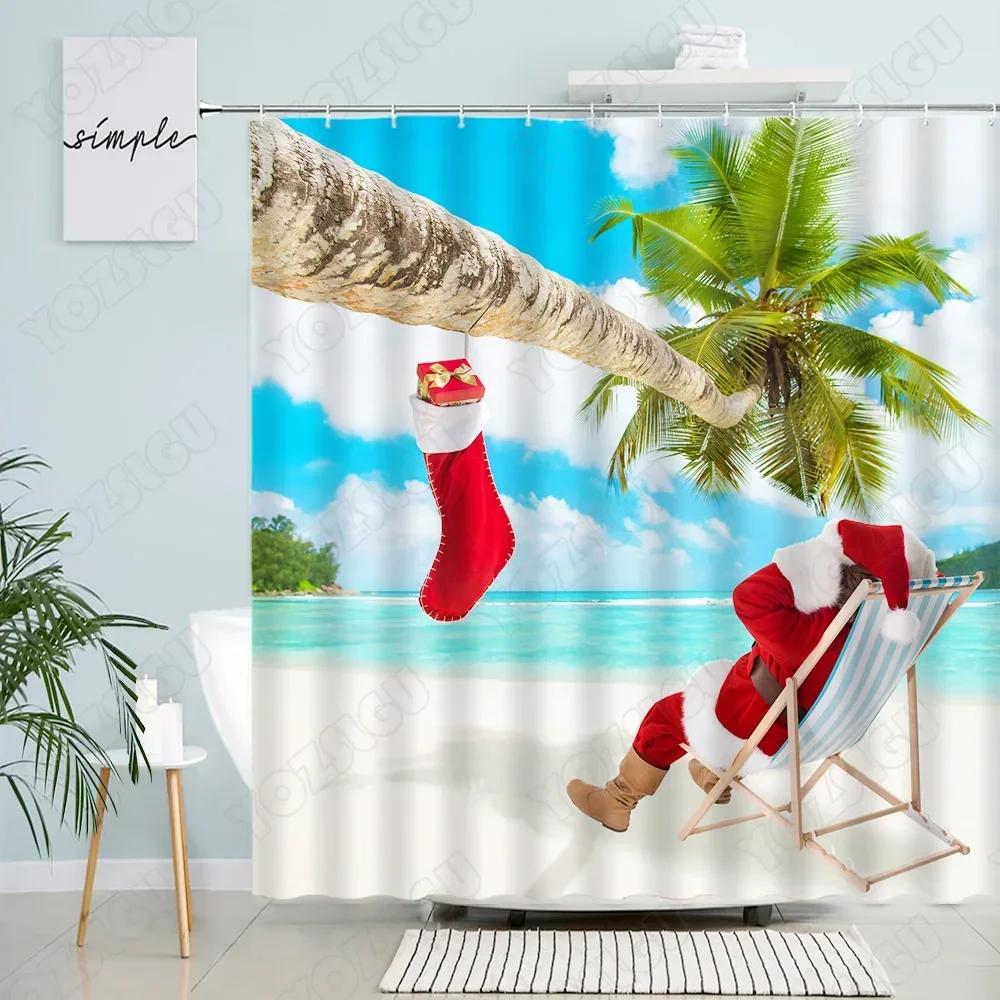 

Christmas Shower Curtains Funny Santa Claus Xmas Tree Fir Branch Red Berry Birds New Year Fabric Bathroom Decor Bath Curtain S 90x180cm