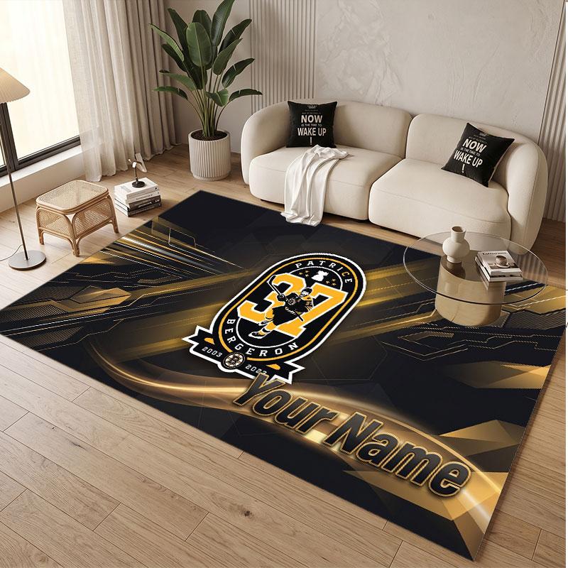Custom Rug Boston Bruins Pattern Print Name Text Soft Non‑Slip Floor Carpet for Home Indoor Decoration
