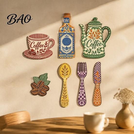 Wooden Wall Ornaments 7Pcs Coffee Themed Decor, 2D Flat Farmhouse Kitchen Art Plaques, Country Style for Dining Room Cafe Home Decoration Customizable