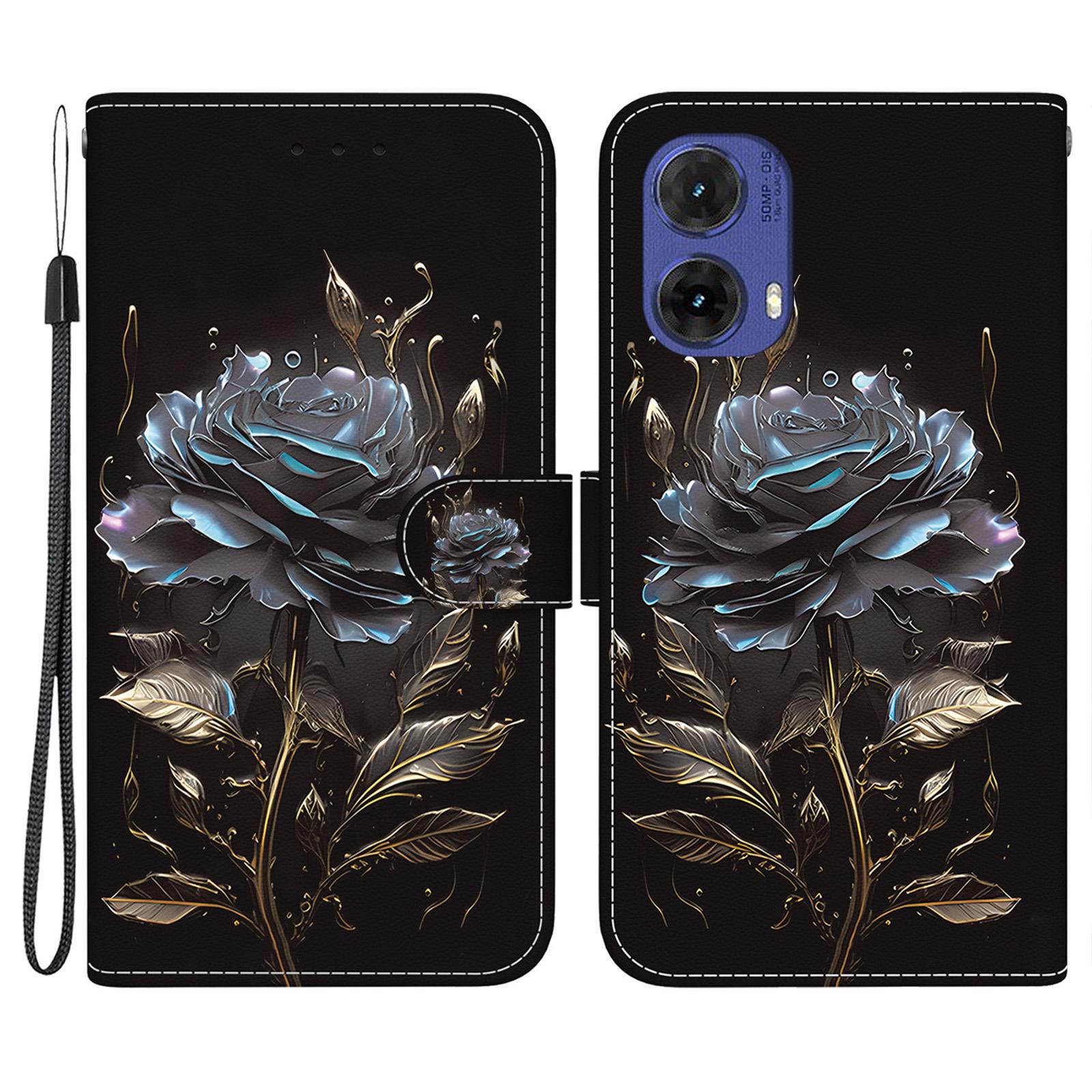 

For Motorola Moto G85 5G/S50 Neo 5G Case Pattern Print Leather Phone Cover with Card Holder Black Rose