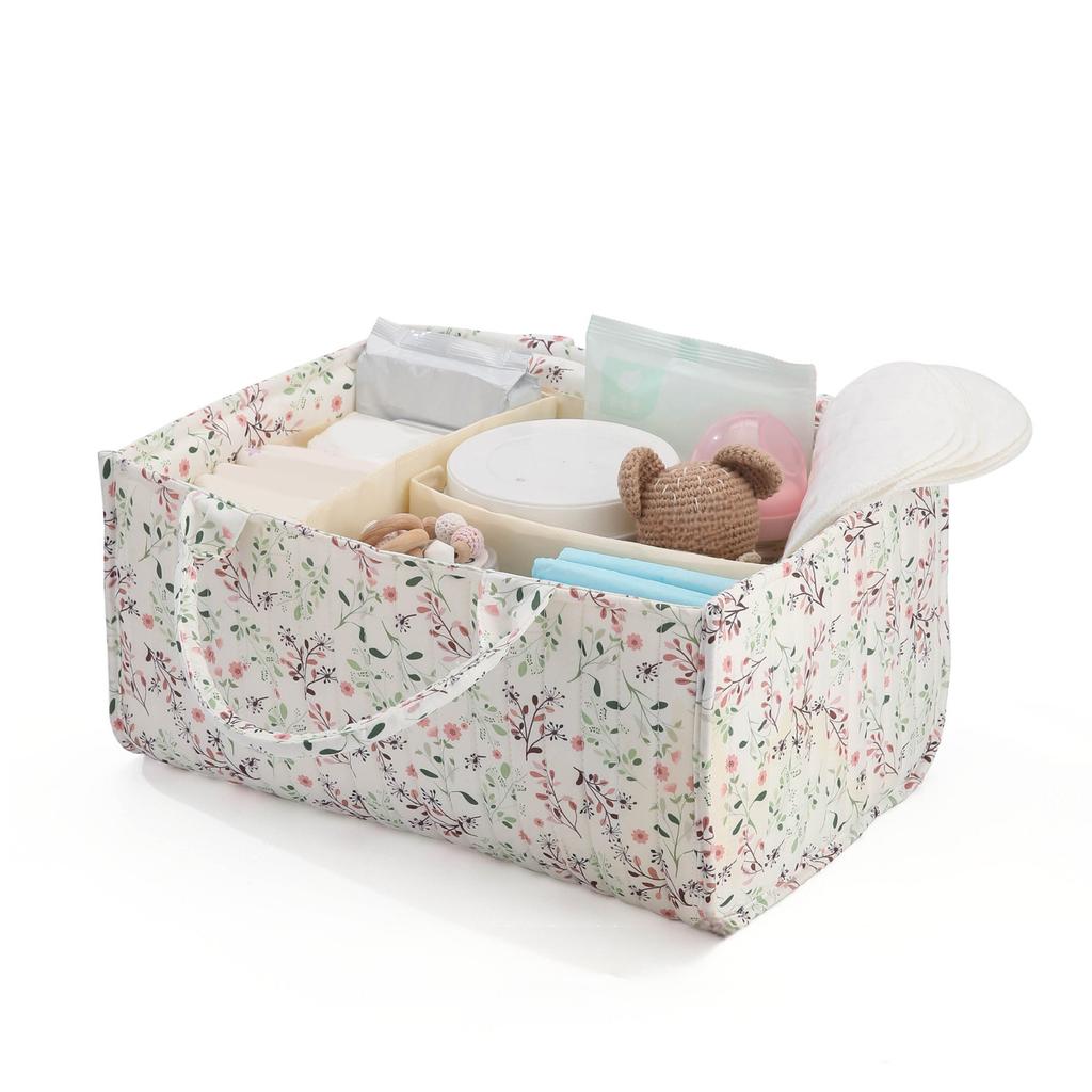 Floral Diaper Caddy Organizer with Handles & Removable Dividers Portable Baby Gift Basket for Diapers Wipes Baby Essential