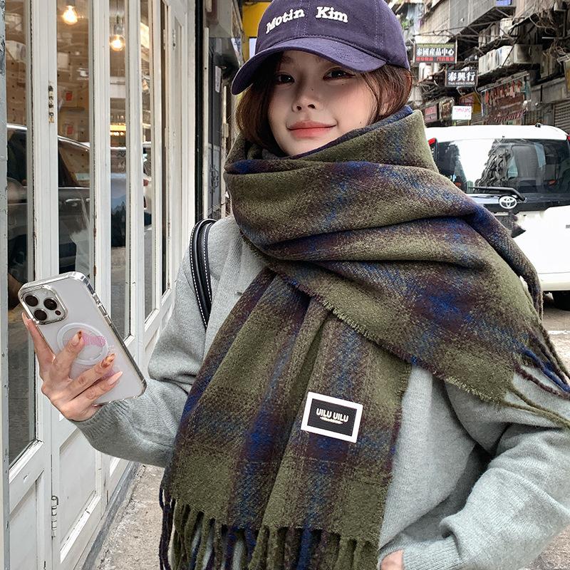Women Plaid Print Knitted Scarf Headscarf Ladies Casual Sweet Tassel Warm Scarve Mujer Wrap Shawl Student Young Girl New Winter