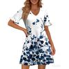 Women A Line Sun Dress Short Sleeve V Neck Printed Dress With Pockets