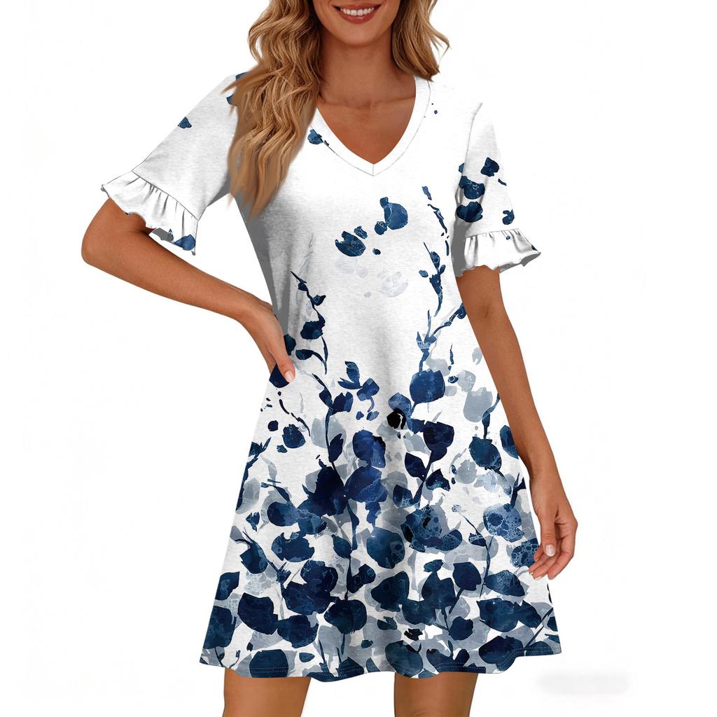 Women A Line Sun Dress Short Sleeve V Neck Printed Dress With Pockets
