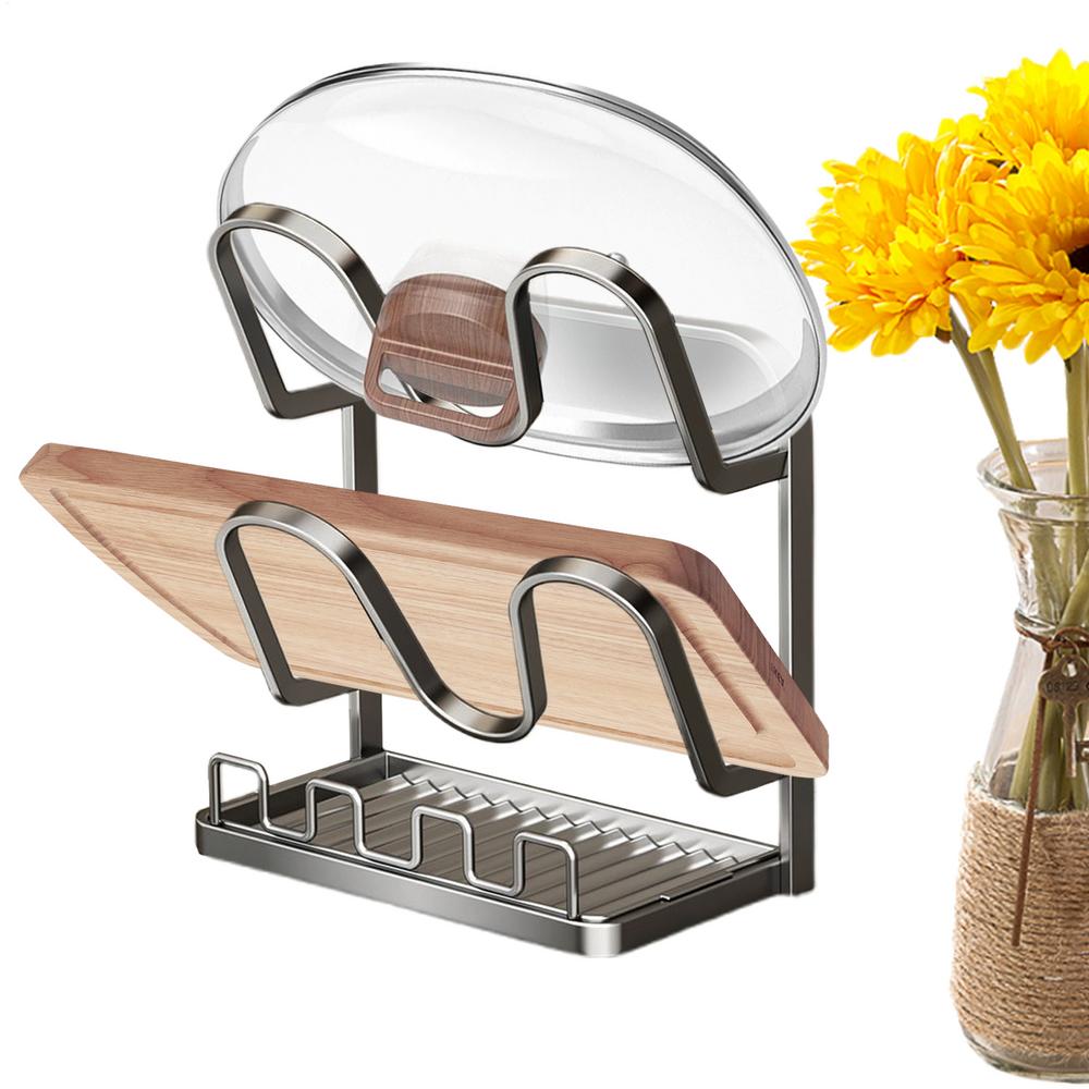 Pot Lid Holder Multi-Tier Stand With Drip Tray Pan And Pot Lid Storage Organizer For Spoon Fork Spatula Soup Ladle Towel Home two layers серый 7390₽