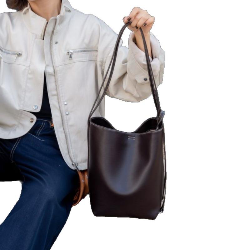 Genuine Leather Single-shoulder, Double-shoulder Crossbody Bag, High-end, Simple Cowhide Bag, Bucket Bag