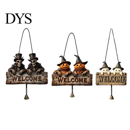 Halloween Wooden Door Hanger Welcome Hanging Sign, Vintage Farmhouse with Skeleton Pumpkin Unique Skull Ghost Decor Ghost, Decorative Plaque Bell for
