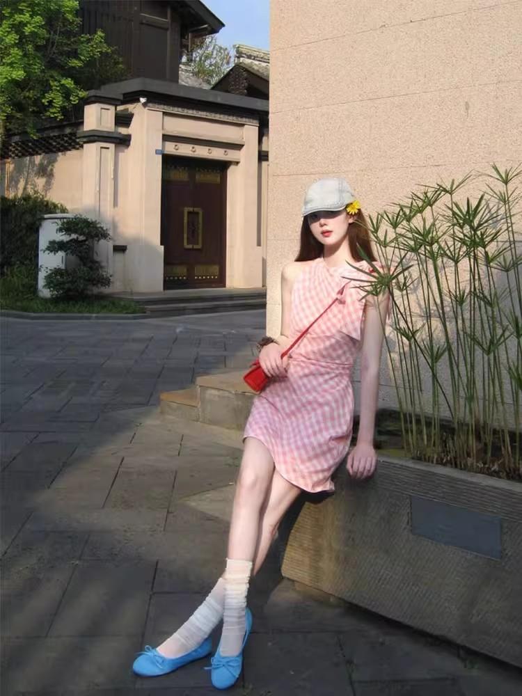 Pink plaid neck sleeveless dress women s summer new high-end niche sweet princess dress on the run S