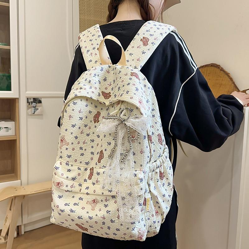 Little Bear Floral Print Youthful Nylon Student Backpack With Breathable Design For Daily Use