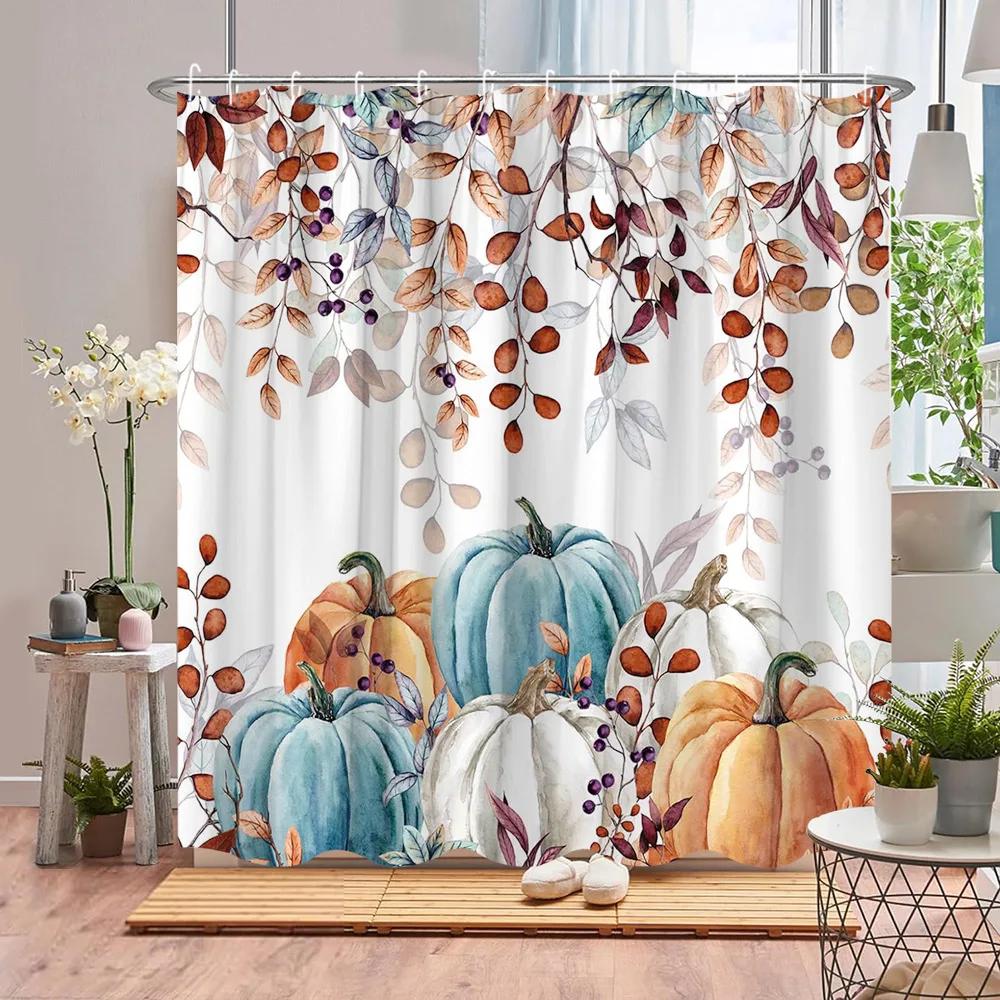Autumn Scenic Shower Curtain Fall Pumpkin Farm Thanksgiving Butterfly Flower Leaf Barn Polyester Fabric Bathroom Decor Curtains