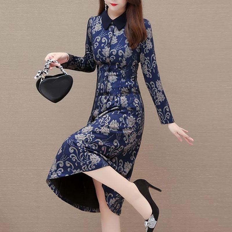 Vintage Floral Printed Midi Dress Women's Casual Lapel Spliced Spring Autumn Long Sleeve Elegant A-Line Waist