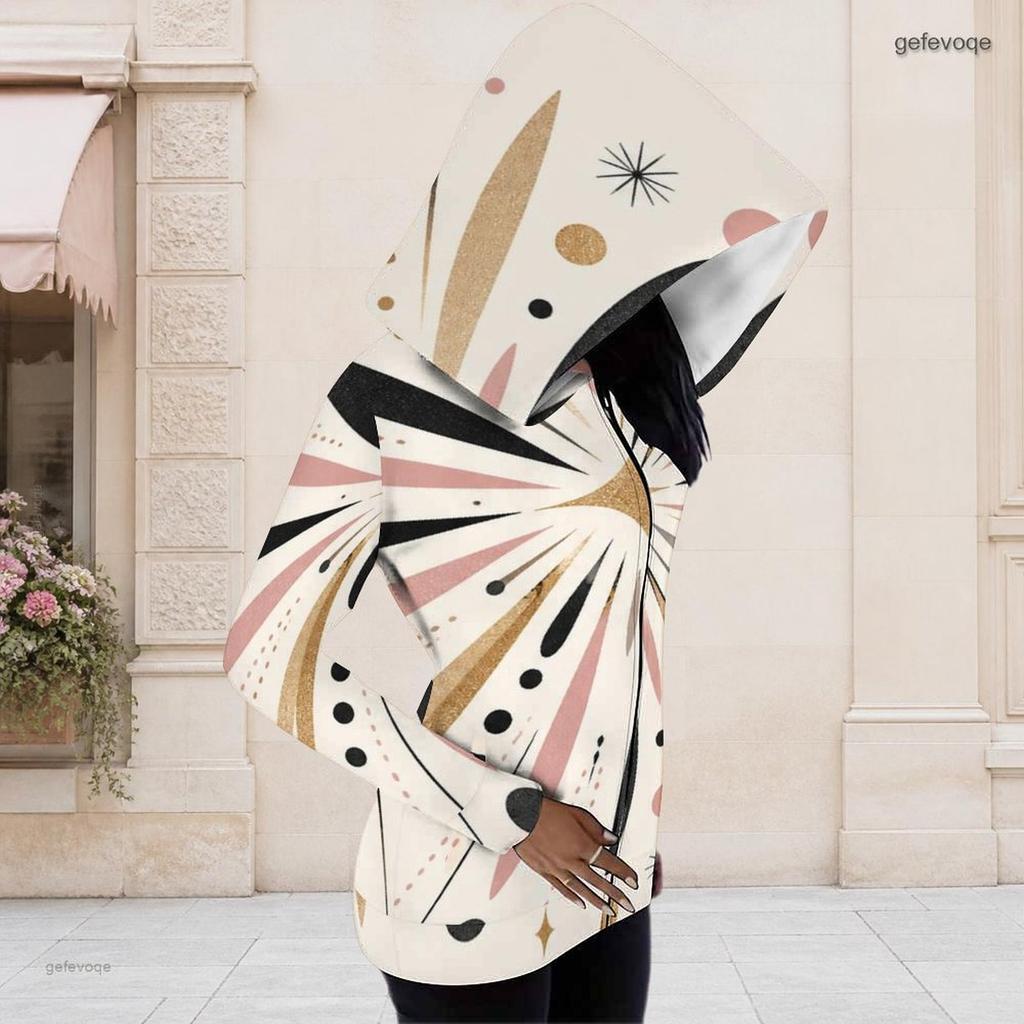 Women Plus Size Asymmetric Cutout Neck Long Sleeve Geometric Printed Fitted Hooded Shirt