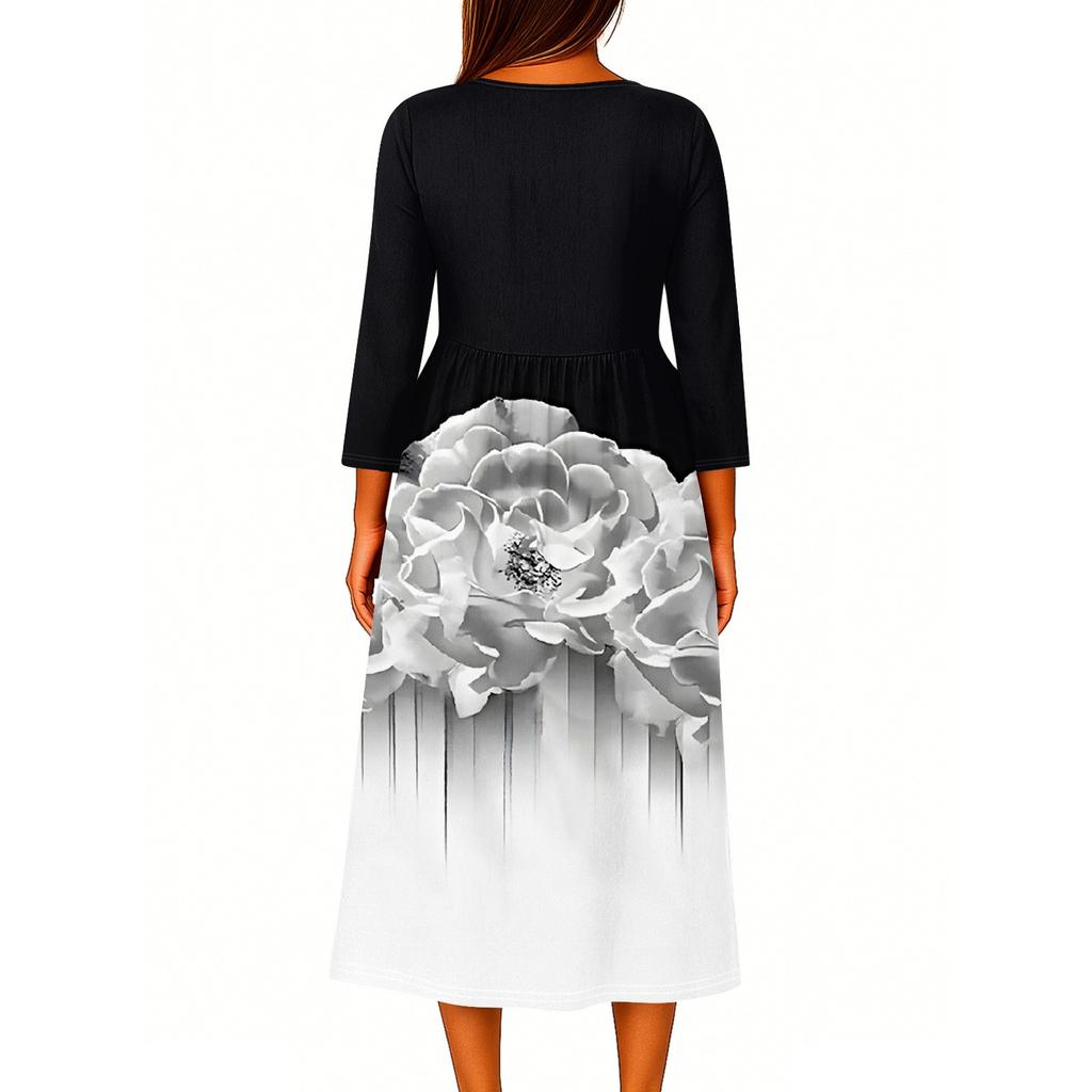 Dámské módní tištěné kulaté sedmiminutové rukávy knoflíkové volné košilové šaty