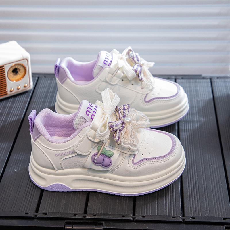 2026 Spring Girls' White Sports Shoes with Bow Knot - Trendy Casual Sneakers for Kids and Teens