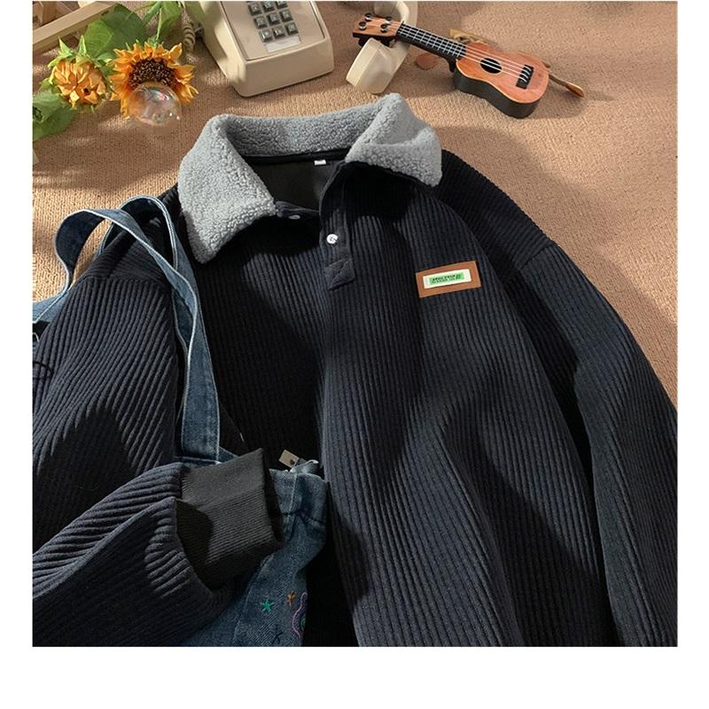 Felpa Uomo in Velluto a Coste con Collo a Polo Vestibilità Larga Manica Lunga Top Casual