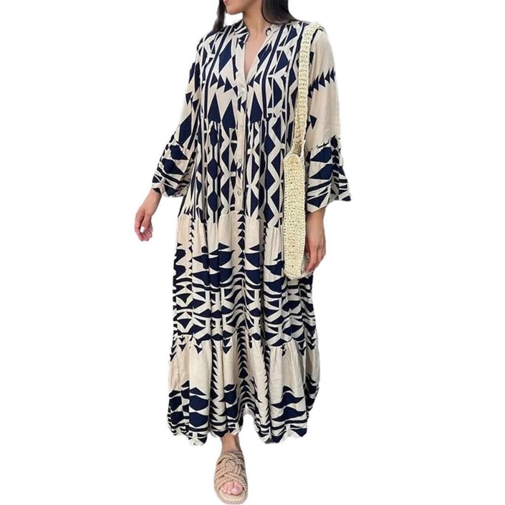 Women's Long Sleeve V Neck Bohemian Print Loose Plus Size Long Dress
