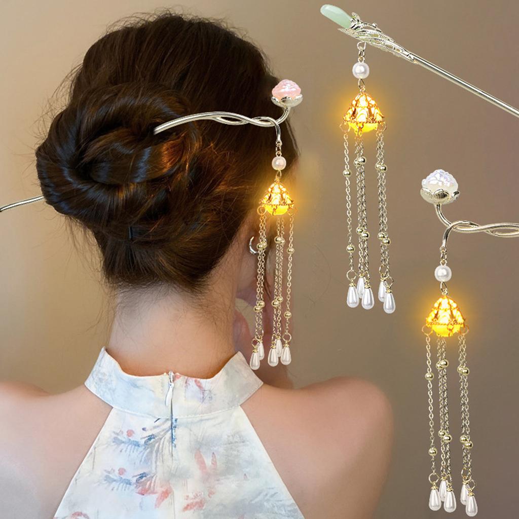 1Pc Luminous Chignon Hair Sticks With Pearls Tassel Decor Retro Chinese Style Alloy Hair Forks Women Girls Party Hair Jewelry