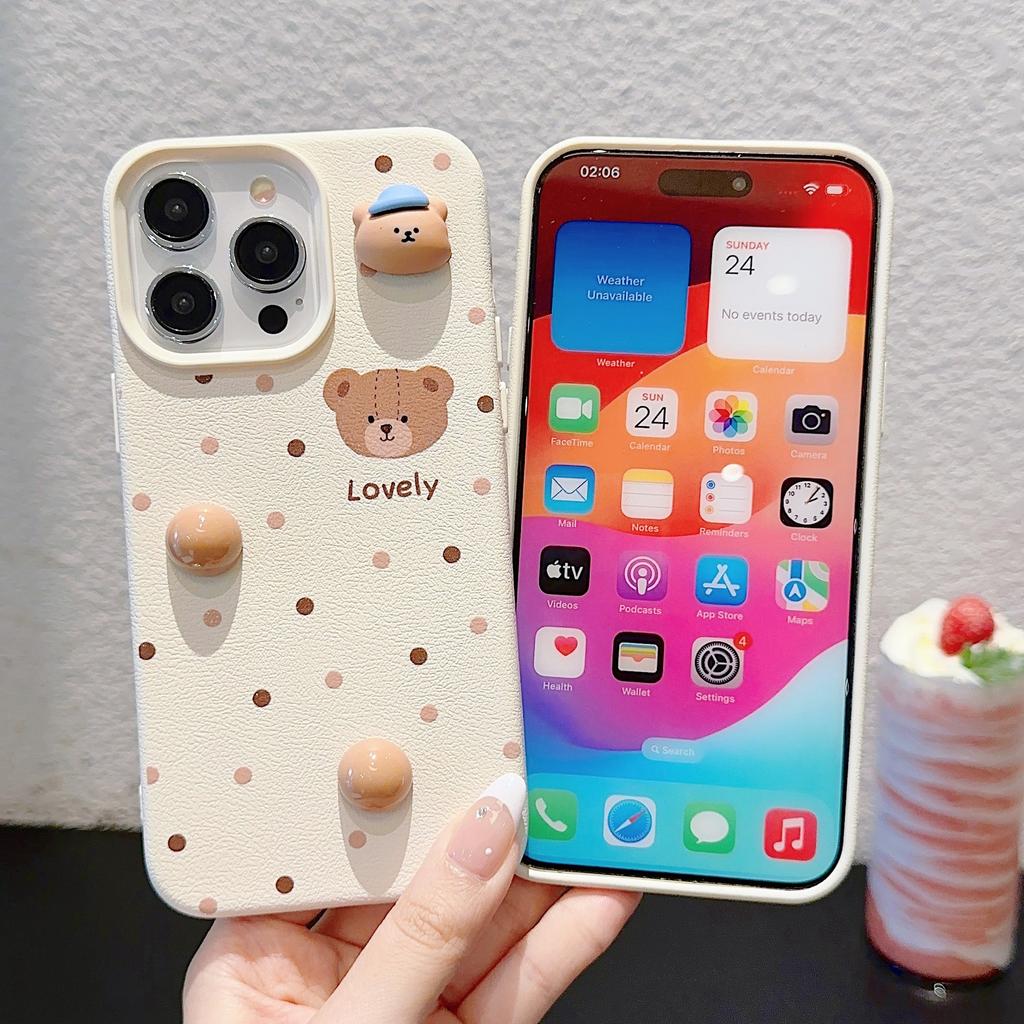 Three-dimensional Polka Dot Cartoon Bear for Apple 16 Promax Mobile Phone Case for IPhone 15 Silicone 14/13 Women