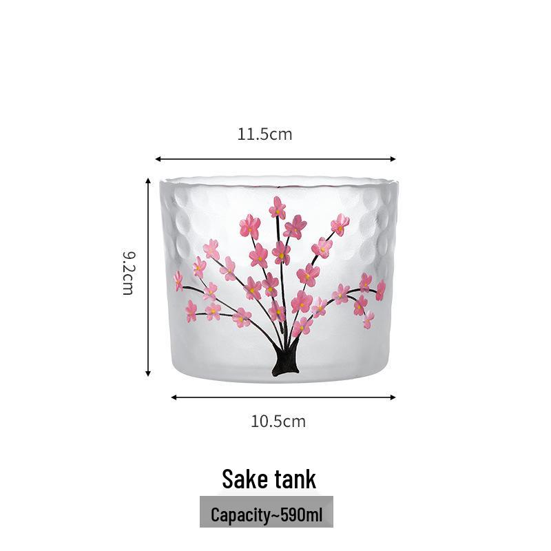 Cherry Blossom & Plum Glass Sake Set: Hand-Painted Pot & Cups