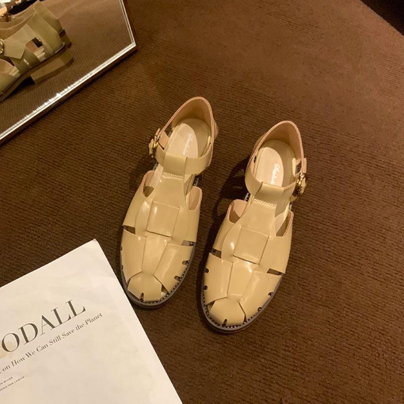 Grape Mom Studiolee Summer Vintage Woven Baotou One-word Buckle with Thickened Bottom To Cover Ugly Roman Sandals Women