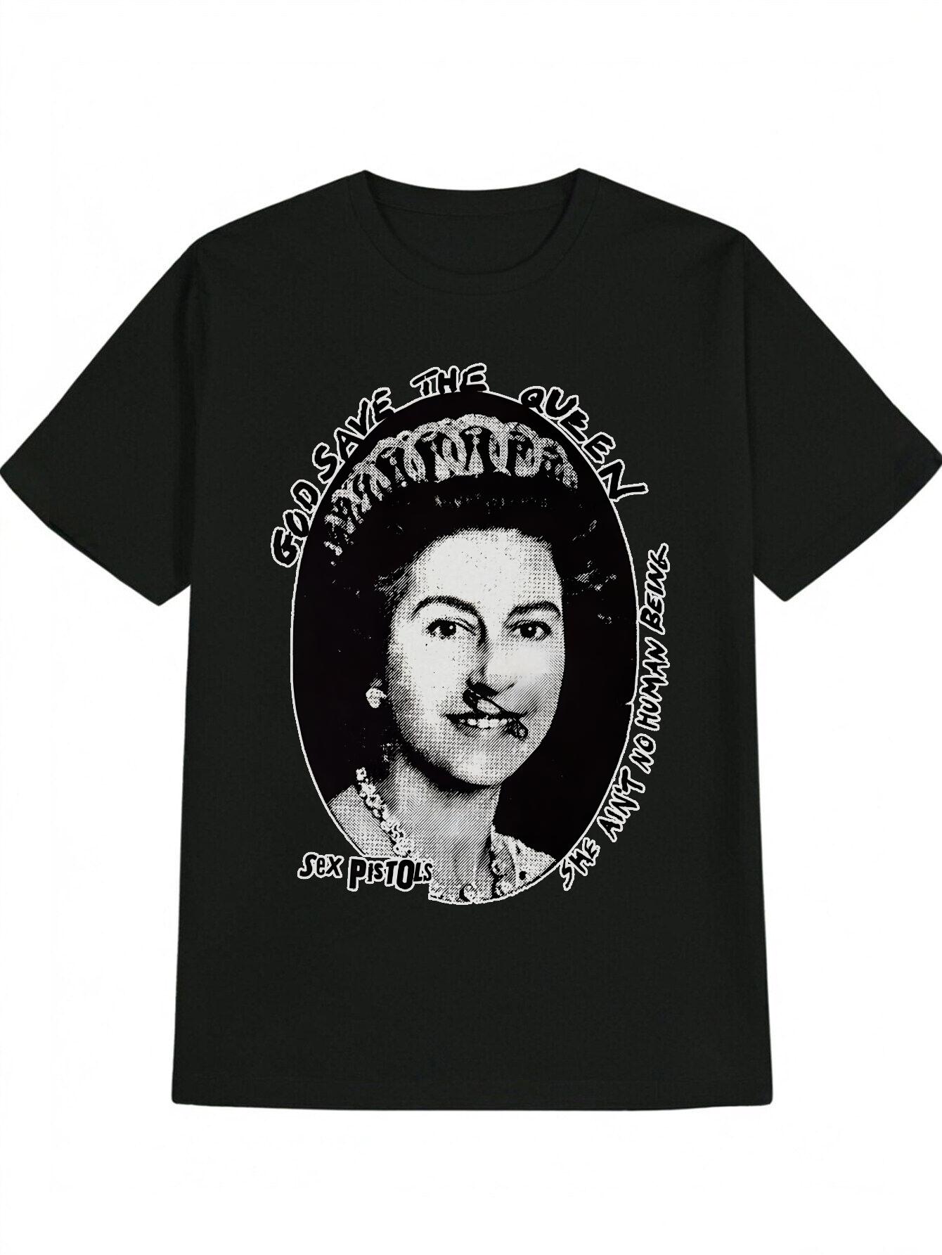 

Casual Round Neck T-shirt with Crown & Female Portrait Print - Save the Queen Graphic XXXL