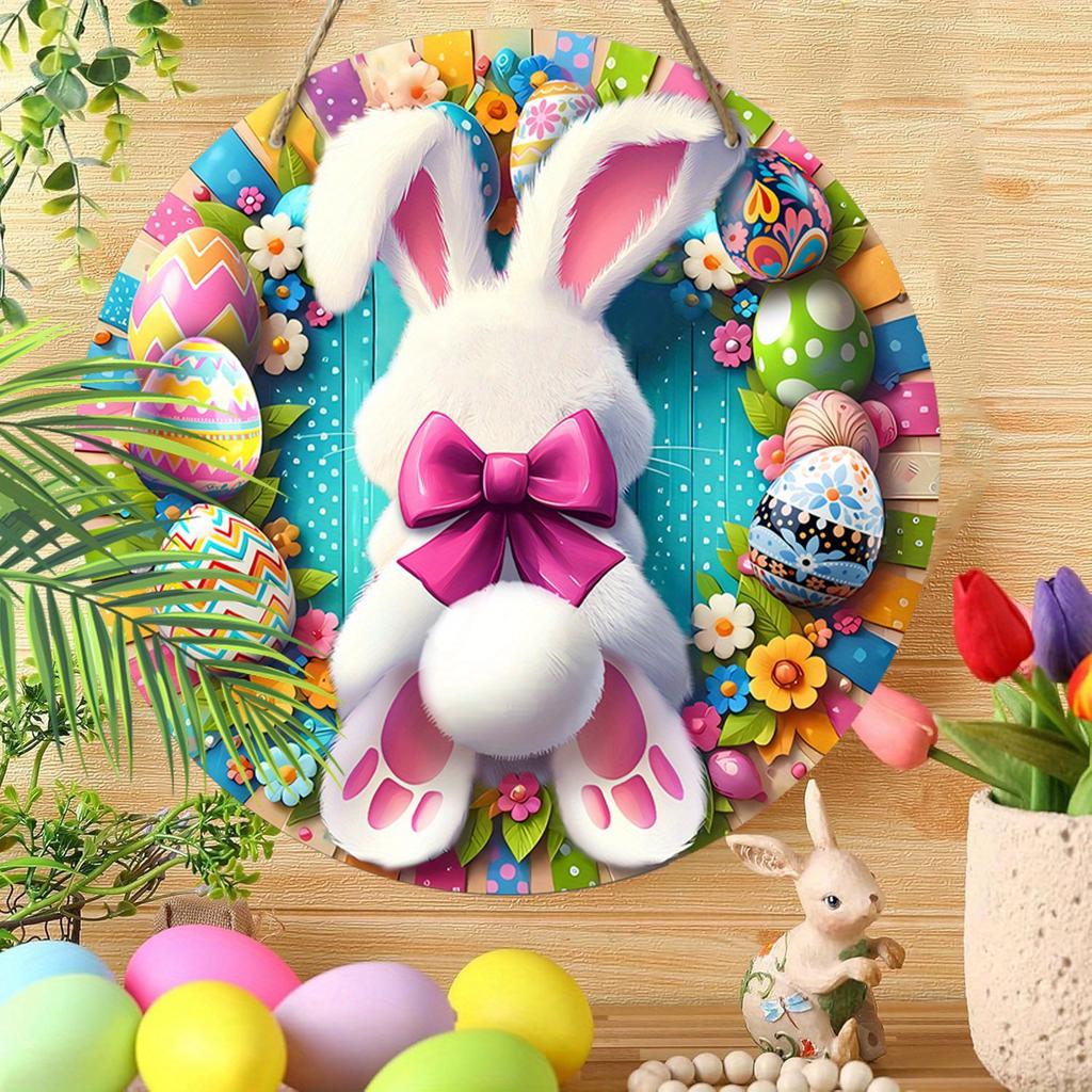 Unique Wooden Sign with Easter Bunny Eggs Pattern - Charming Round Sign for Front Door, Wall Hanging Decor - Ideal Gift for Friend & Family