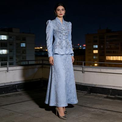 Celadon Oosters Retro Lichtblauw Borduurwerk Taille Top Rok Tweedelig Damespak