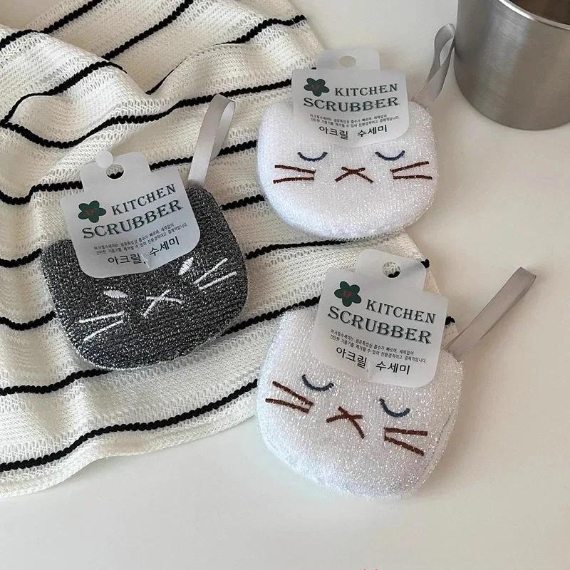 New Korean Style Cartoon Cat Kitchen Sponge Scouring Pad Set Thick Dishwashing Cloth Pot Brush Cleaning Wipe Rag for Household