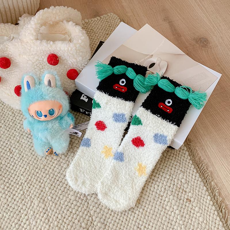 Women's Mid Calf Socks Cartoon Coral Fleece Sleep Socks Thick Warm Cozy Floor Socks For Winter Autumn