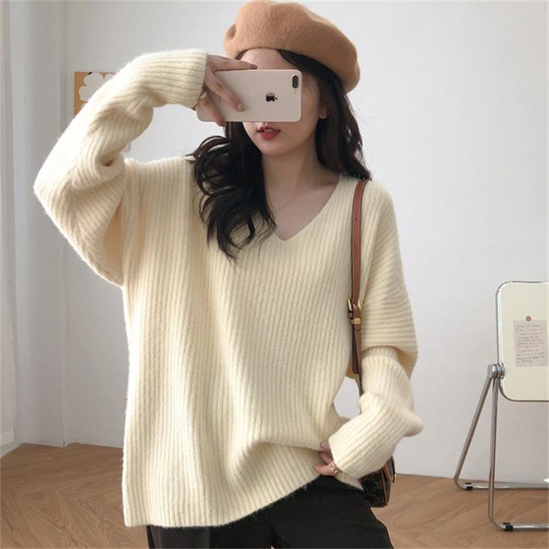 Lazy V-neck Pit Strip Autumn and Winter New Loose Design Sense Knitted Pullover Sweater Women Wear Simple Large Size Outside Wear