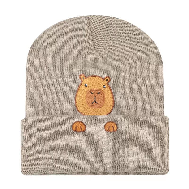 Capybara Embroidered Flower Knitted Hat Versatile Wool Hat Outdoor Cycling Thermal Hat