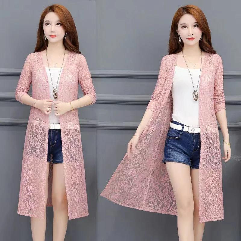 Women's Mid-length Summer Lace Sunscreen Cardigan Fashion Thin Coat with Matching Skirt Top Mesh Shawl Casual Lady Cardigan