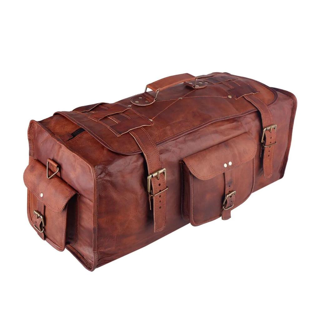 Large Men's Travel Luggage Handmade Vintage Leather Duffel Brown Weekend Gym Bag