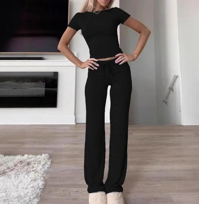 2025 Spring Women Solid Short Sleeve Crop T-Shirt & Drawstring Flared Pants 2 Piece Casual Loungewear Set