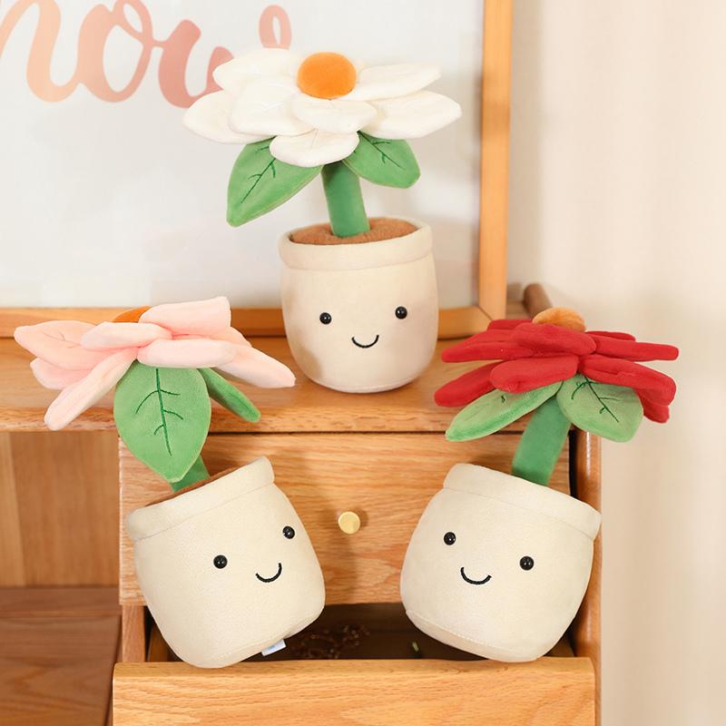 22Cm Plush Potted Flower Toy Four-Leaved Clover Poinsettia Colorful Plant Smiling Humanoid Plushie Home Decor Gift