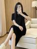 Hepburn Style Black Summer Short Sleeve T-Shirt Dress with Long Skirt for Women