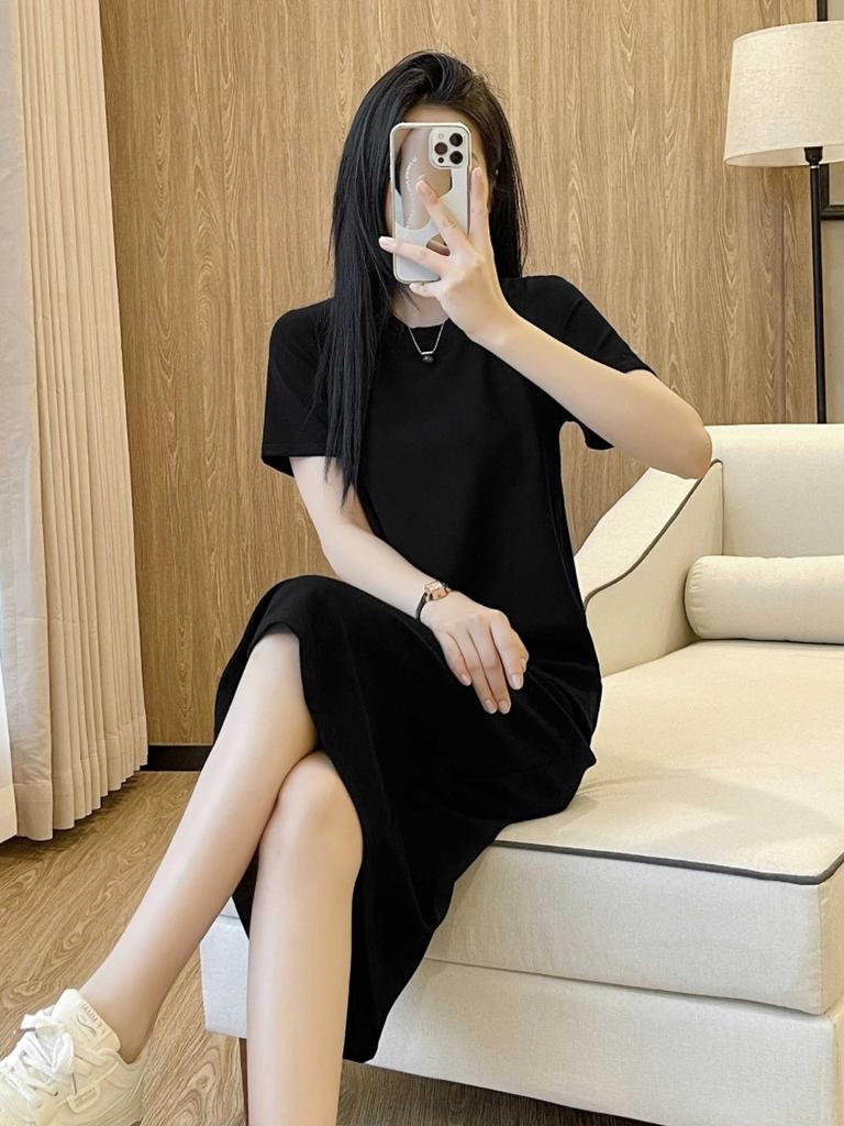Hepburn Style Black Summer Short Sleeve T-Shirt Dress with Long Skirt for Women
