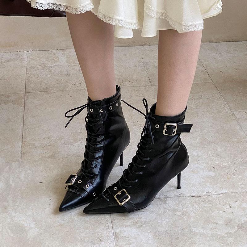 Fashion Fashion Lace Up Modern Women Ankle Boots Shoes Buckle Strap Pointed Toe Ladies Short Boots Heels Shoes Female Pumps Lady