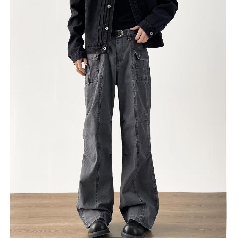 

Унисекс Ретро Темно-серые Джинсы Рабочая одежда с несколькими карманами и складками - Прямой крой, Свободная повседневная посадка S серый