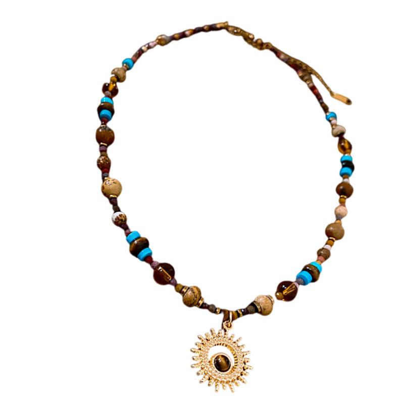 Sun & Stone Pendant Necklace - Titanium & Stainless Steel Clavicle Chain Jewelry