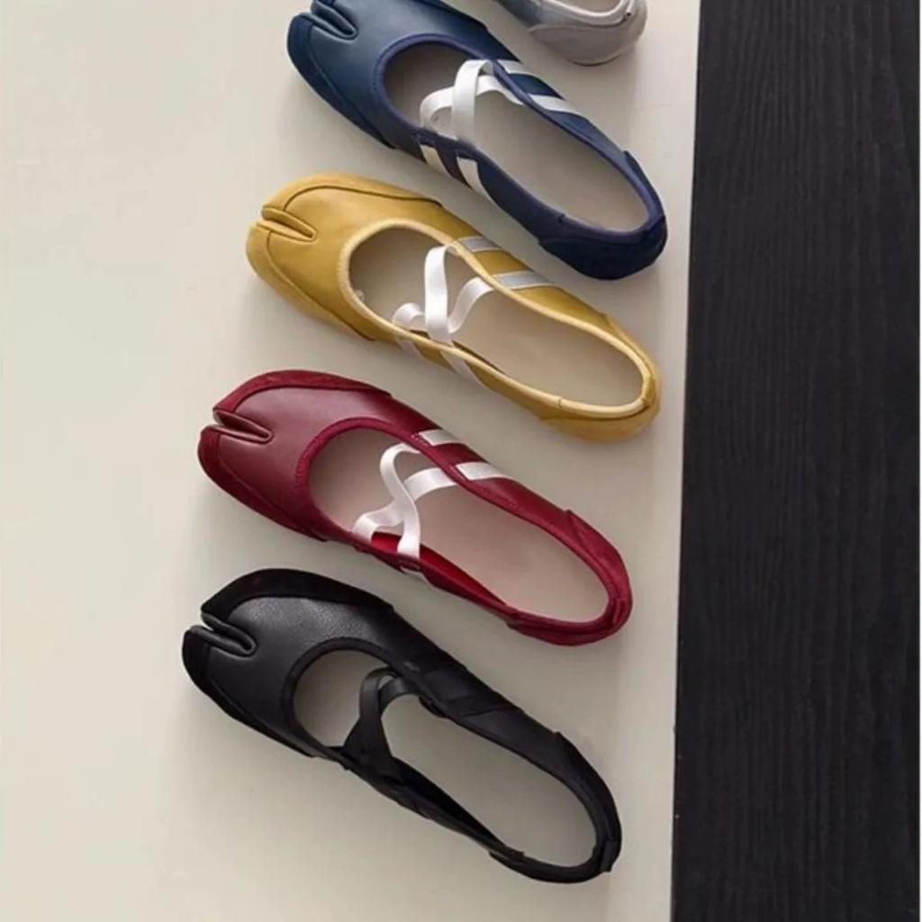 Fashion Women's split-toe casual ballet flats PU leather cross-strap Mary Jane shoes Spring and autumn street style elegant loafers New