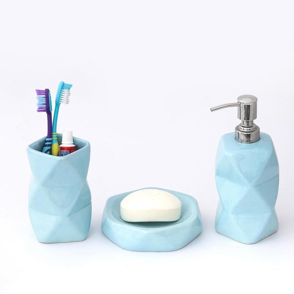 Ensemble d'accessoires de salle de bain en céramique premium de 3 pièces | Ensemble de bain de luxe moderne avec distributeur de savon de 300 ml, porte-brosse à dents et porte-savon | Articles de décoration intérieure |