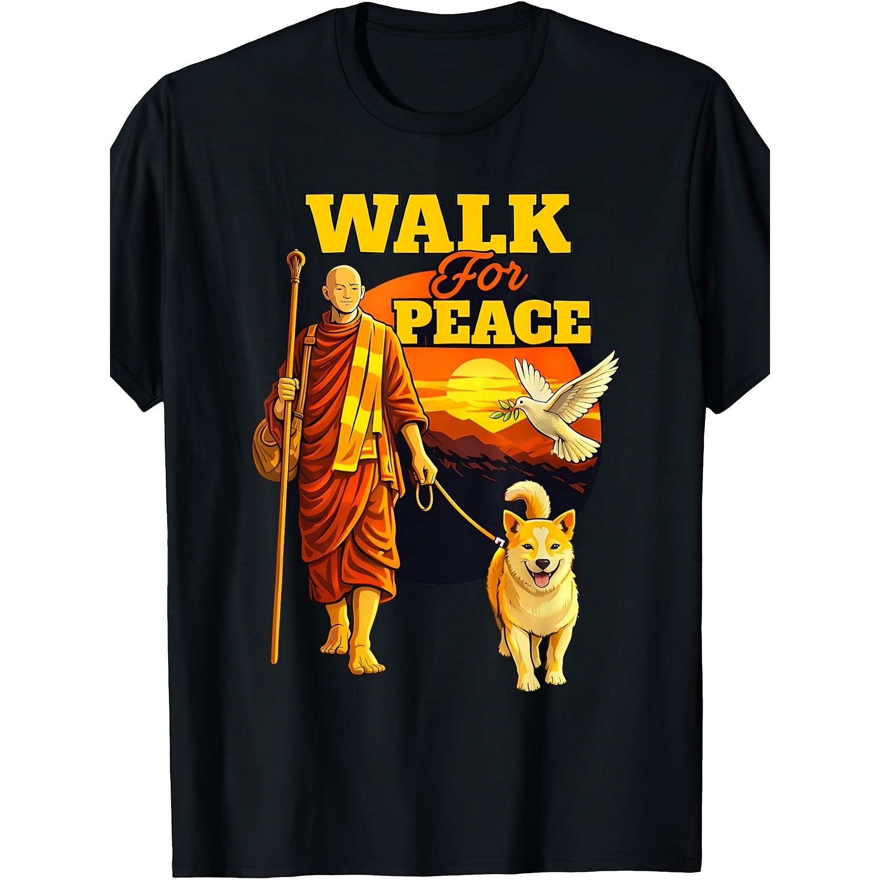 Peace Walking Monk Shiba Inu Graphic T-Shirt Men Casual Crew Neck Short Sleeve Cotton Tee S