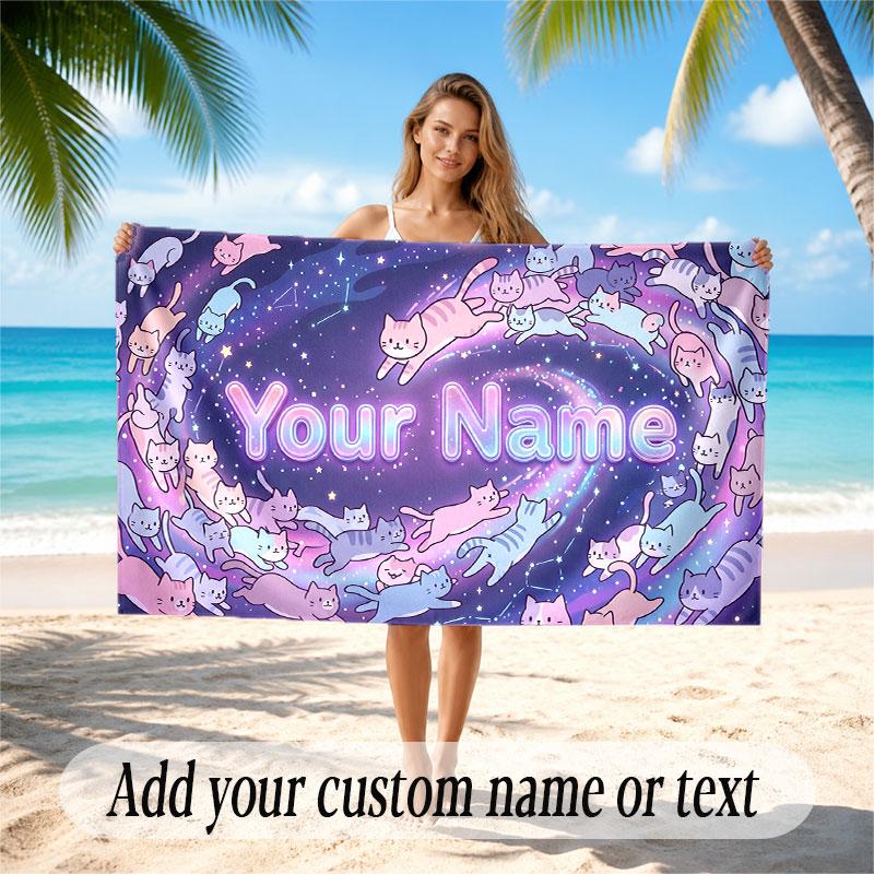 Cat Theme Soft Beach Towel Personalized Custom Name Text Towel Portable for Beach Pool Travel