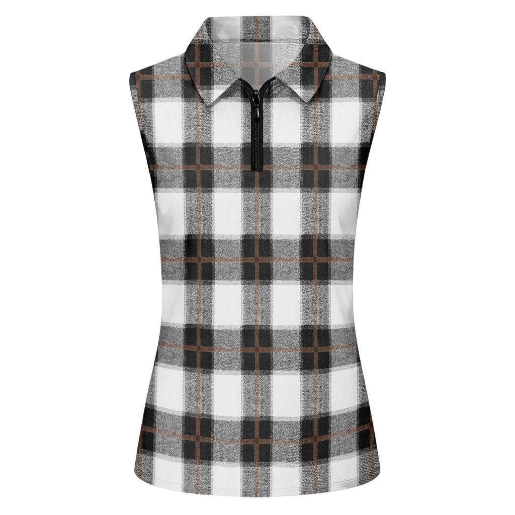 Women Sleeveless Golf Polo Shirt Zip Collar Plaid Print Athletic Tank Top for Sports Outdoor Exercise Casual Wear