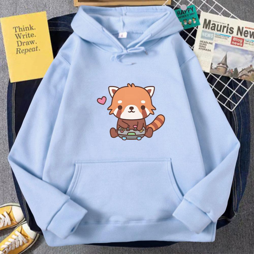 Anime Cute Little Red Panda Playing Video Hoodie for Men Women Casaul Loose Sports Hooded Sweatshirts Unisex Y2k Clothes Tops