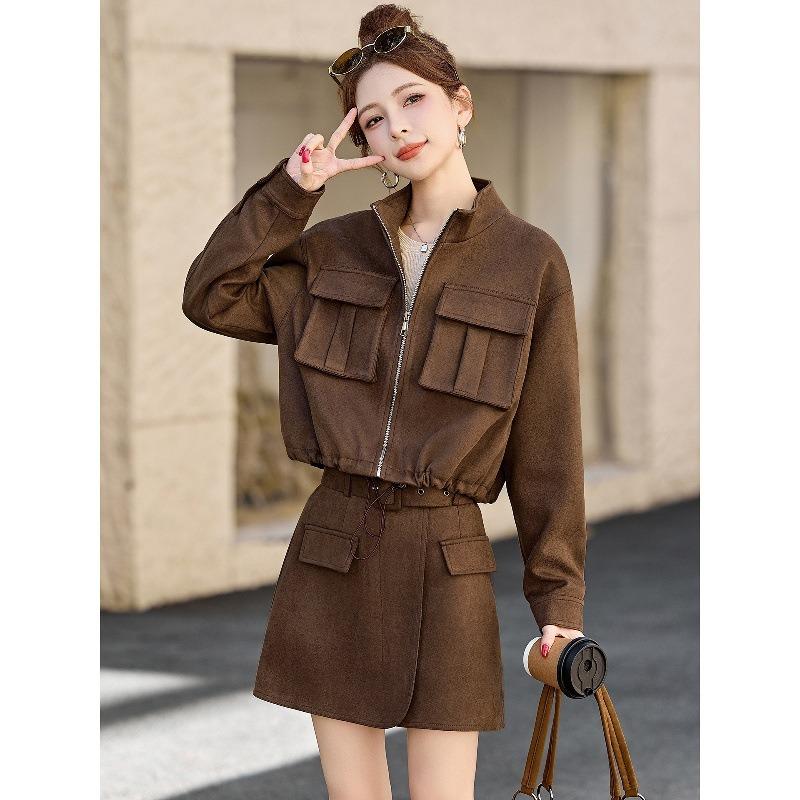 Short stand-up collar suede jacket women's, autumn new casual retro jacket top