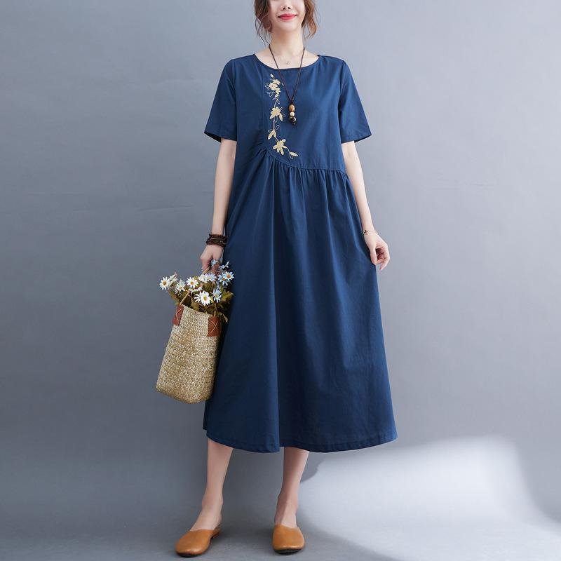 Summer Cotton and Linen Solid Color Pullover Dress for Women